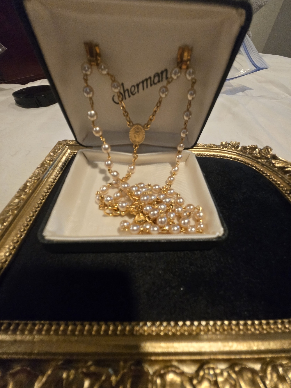 Vintage Sherman Gold and Pearl Rosary-Style Necklace - White Pearls